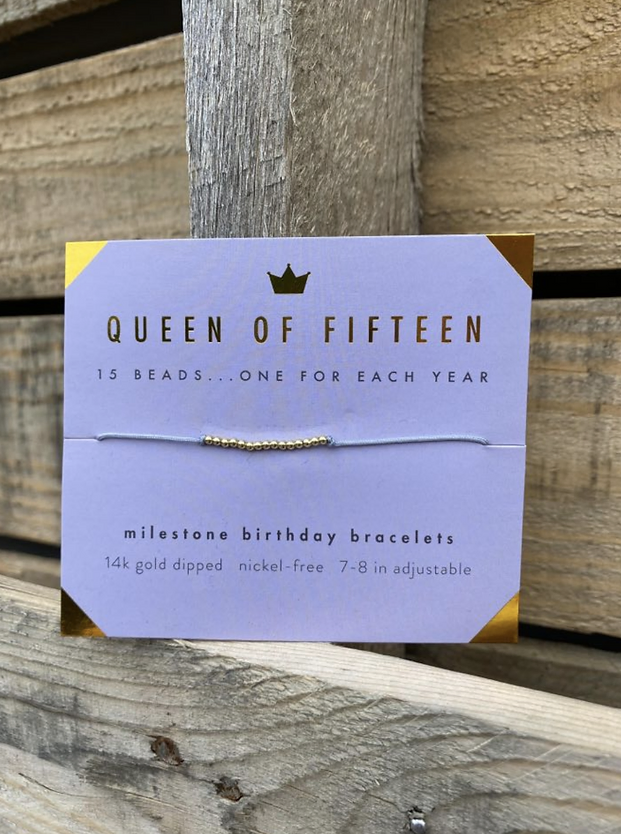 Queen of Fifteen 14k Gold Dipped Milestone Birthday Bracelet.
